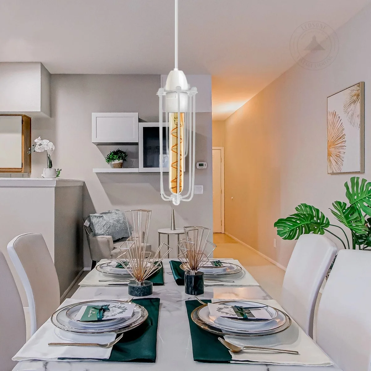 White vintage retro industrial pendant lamp with long wire cage design made of iron, suitable for home or cafe lighting