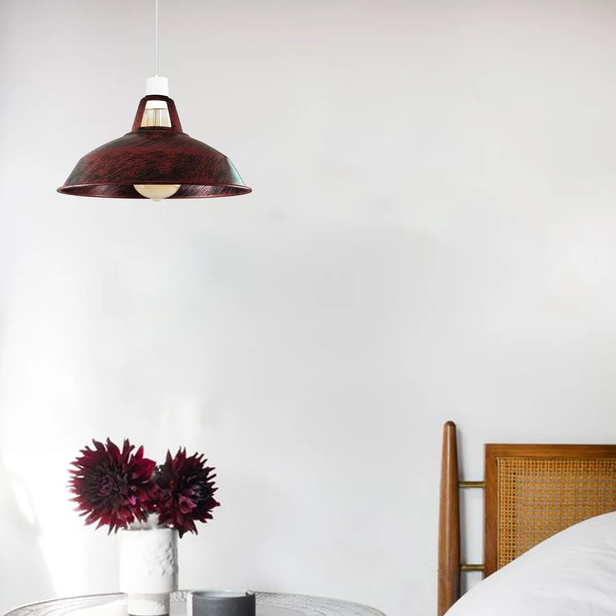 Concrete effect lampshade in vintage barn light style shown hanging with metal finish and free reducer plate attached