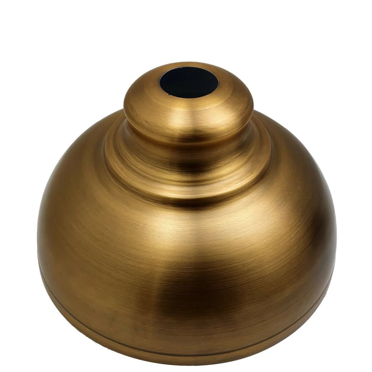 Yellow brass metal ceiling light shade with industrial brushed copper finish hanging against white background