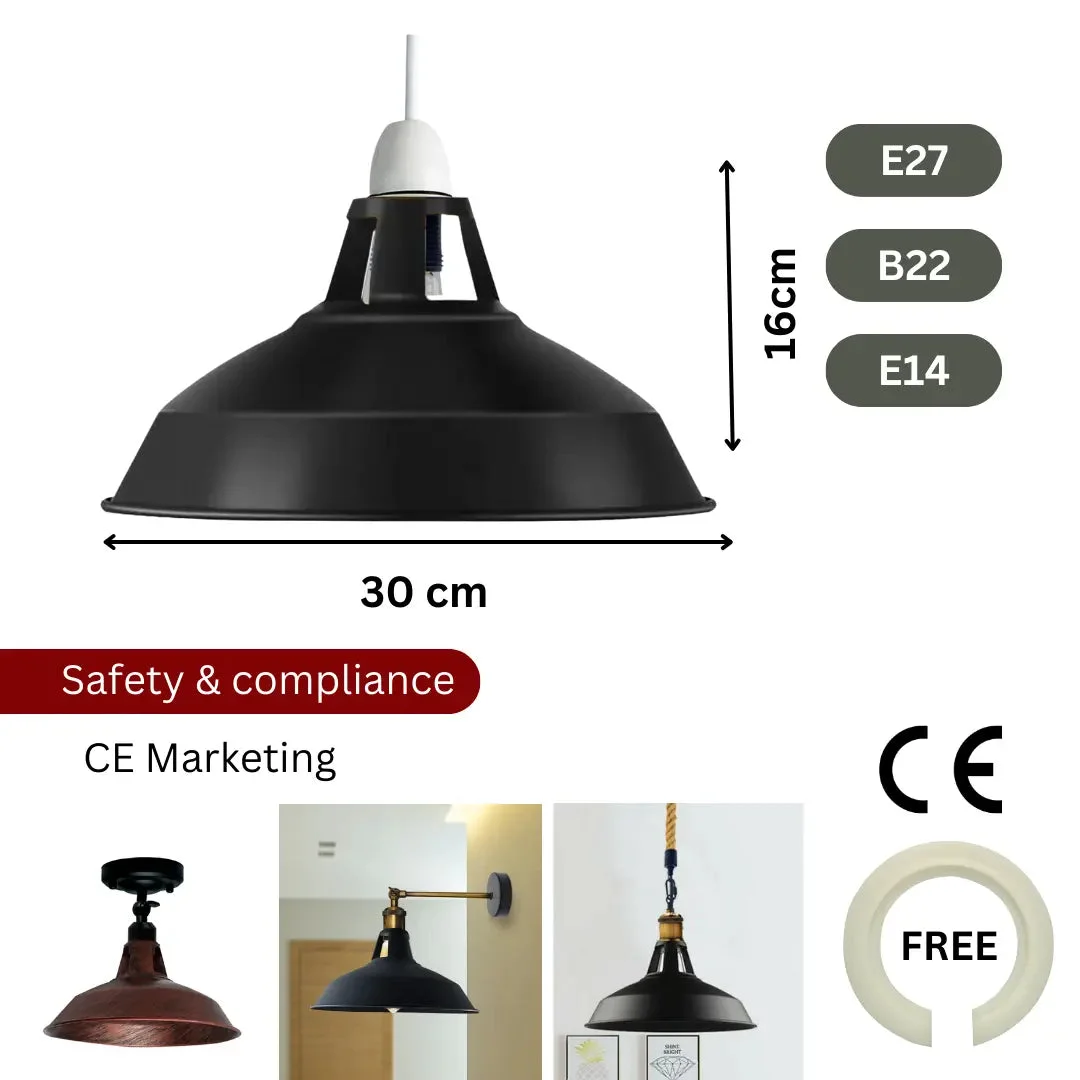 Barn shape vintage metal E27 lamp shade in matte finish, 30cm wide, suitable for indoor pendant lighting fixtures