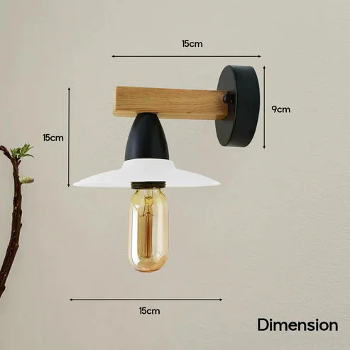 Modern industrial metal and wood wall light with black metal shade and natural wood wall mount, E27 fitting, indoor use