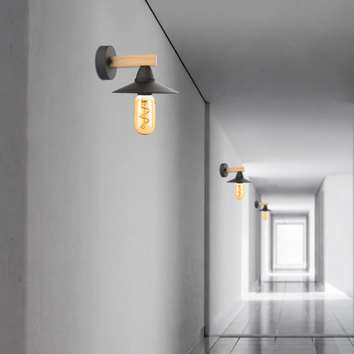 Modern industrial E27 wall lamp with black metal and natural wood finish, showing side profile and mounting plate details