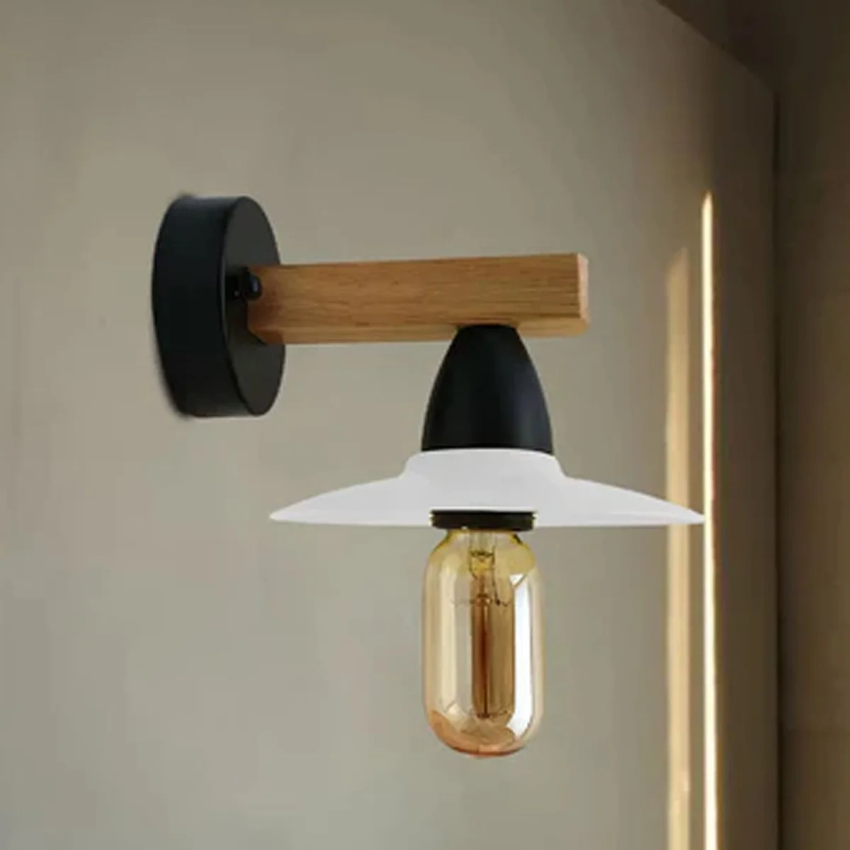 Modern industrial style lighting wall fixture with black metal and wood, E27 fitting, shown mounted on white wall