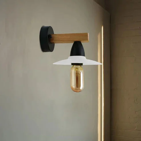 Modern industrial wall light with black metal frame and natural wood accent, showing E27 lamp holder and mounting plate
