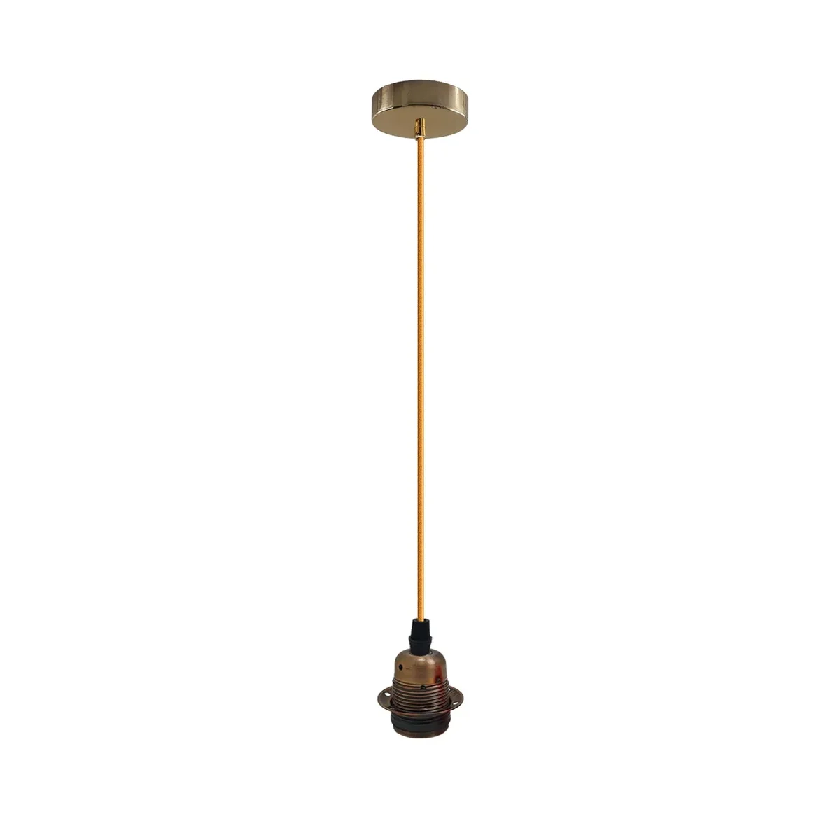 Vintage pendant light with yellow brass metal holder and adjustable 195cm cable, suitable for E27 bulbs, indoor use.