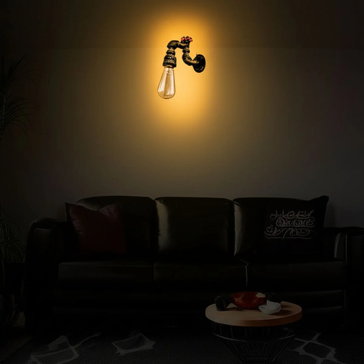 Steampunk style pipe wall lamp in black, rustic red, vintage brass with E27 bulb holder, suitable for loft decor