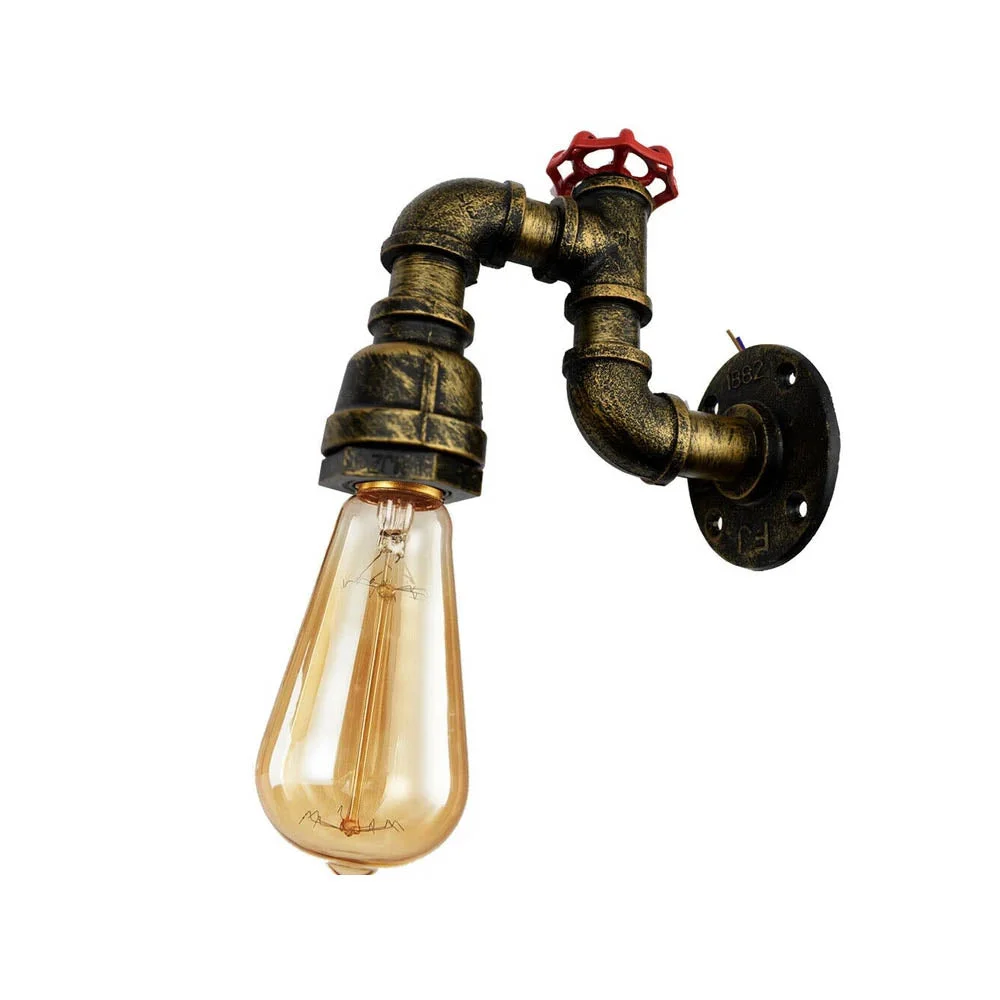 Steampunk pipe wall light in rustic red and vintage brass, perfect loft style lighting for living rooms or bars