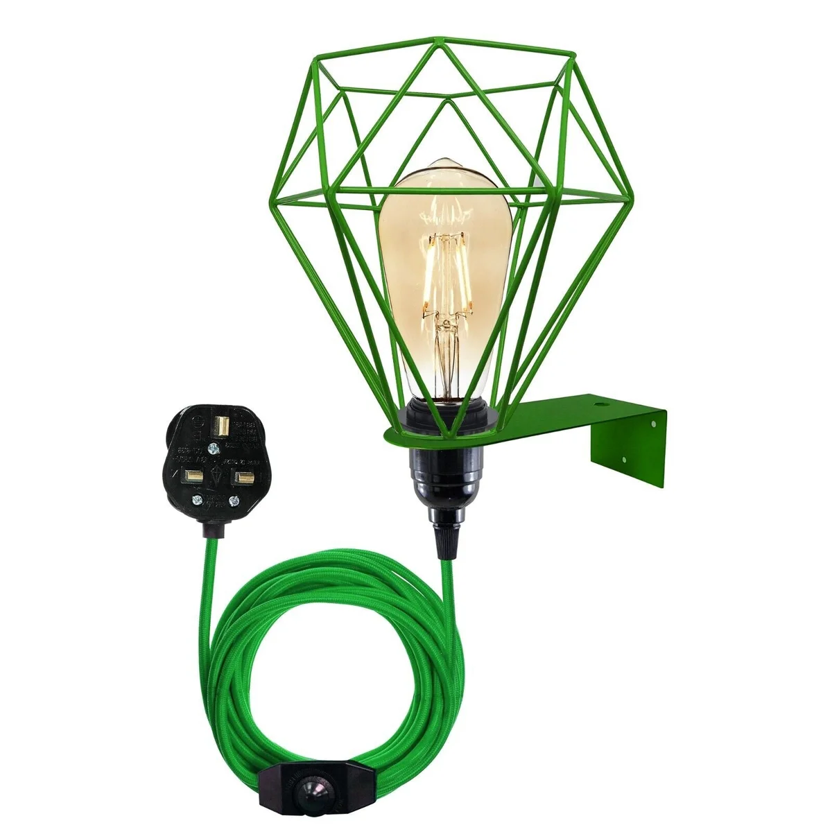 Vintage green metal wall light with diamond cage design, plug in wall light, 4m cord, stylish home decor