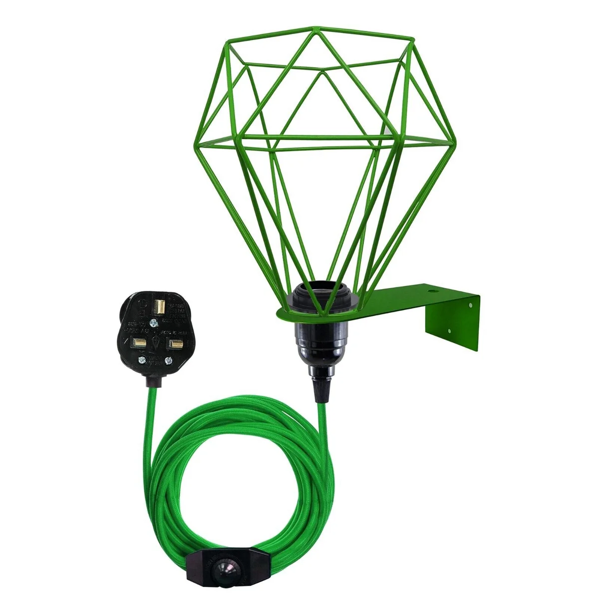 green metal wall light with diamond cage design, plug‑in socket and 4m cord