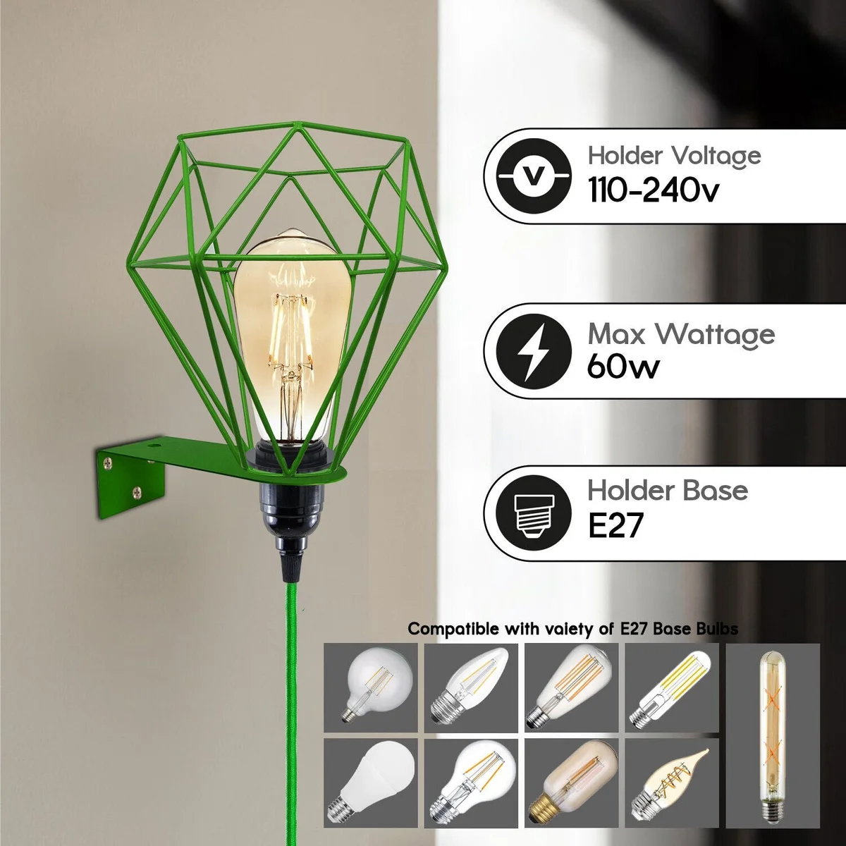 Vintage green metal wall light with diamond cage design, 3‑pin plug and 4m cord, fitting into standard outlet.