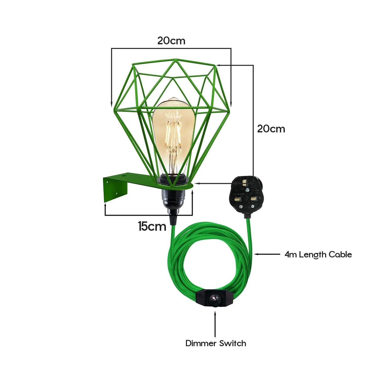 Green metal vintage wall light with diamond cage design and 3-pin plug, ready to hook on wall