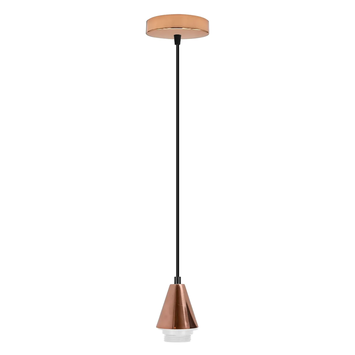 Rose gold E27 cone pendant holder with matching rose gold ceiling rose and black PVC cable set for indoor lighting installation