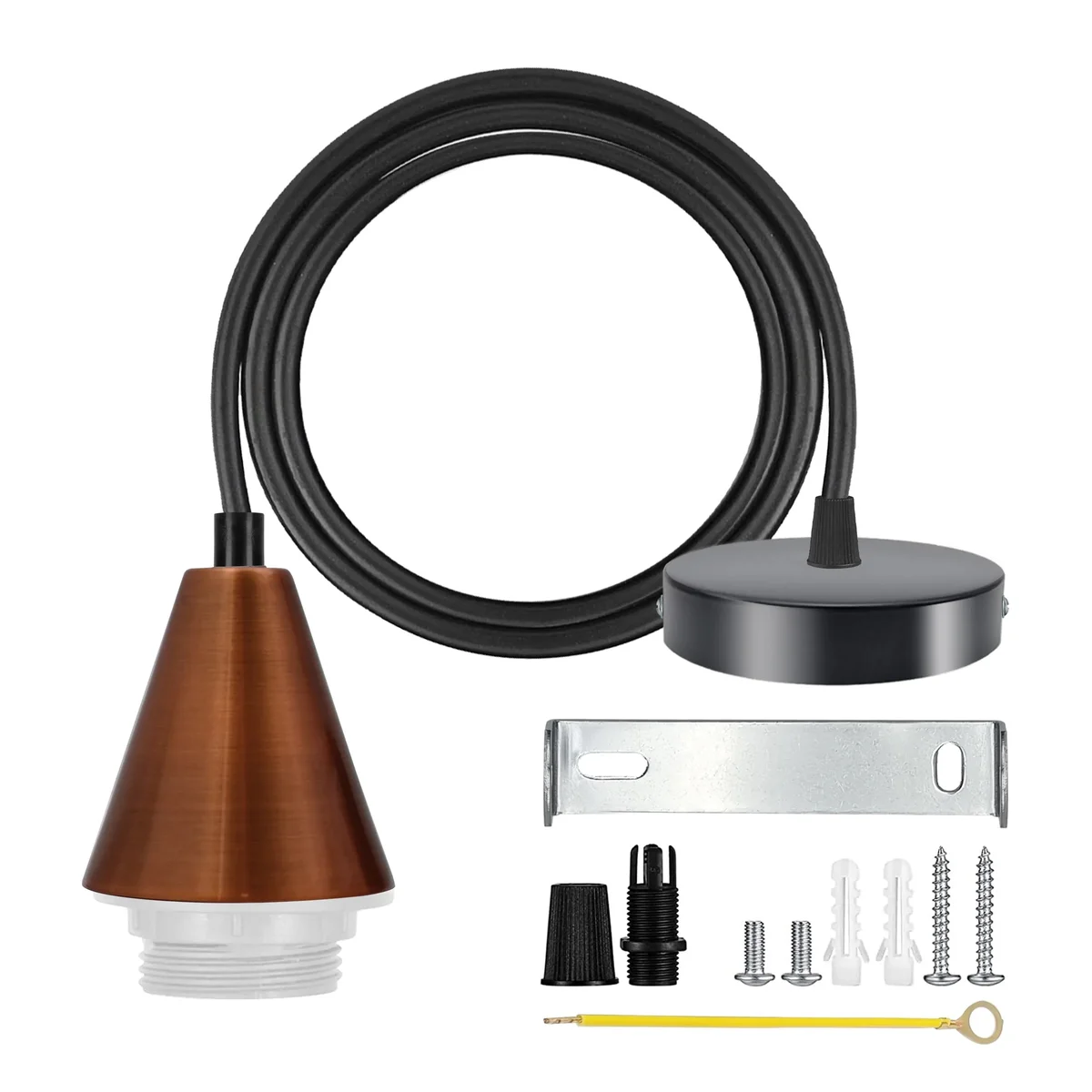 Copper pendant light with vintage cone holder, black fabric cable, and copper ceiling rose for indoor use