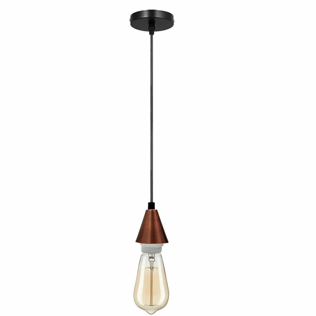 Vintage pendant light with copper cone holder, black fabric cable, and copper ceiling rose for indoor use