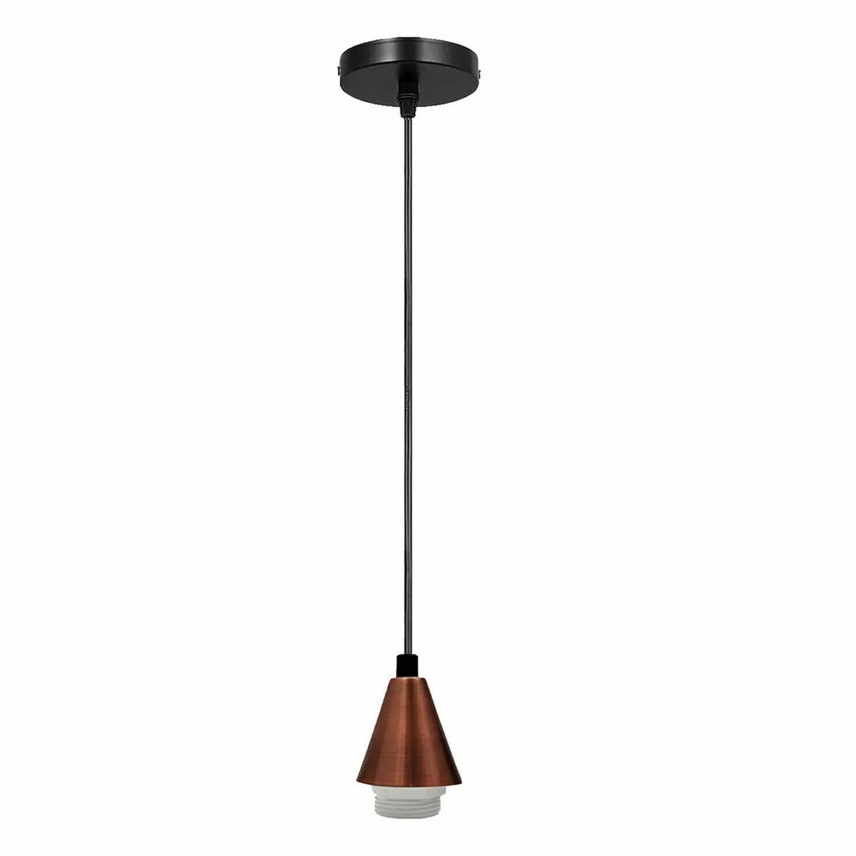 Copper cone E27 pendant holder with black fabric cable and copper ceiling rose, industrial vintage style lighting set