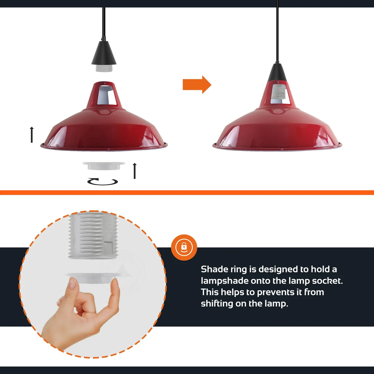 Copper pendant light with cone-shaped holder, black fabric cable, and copper ceiling rose on white background