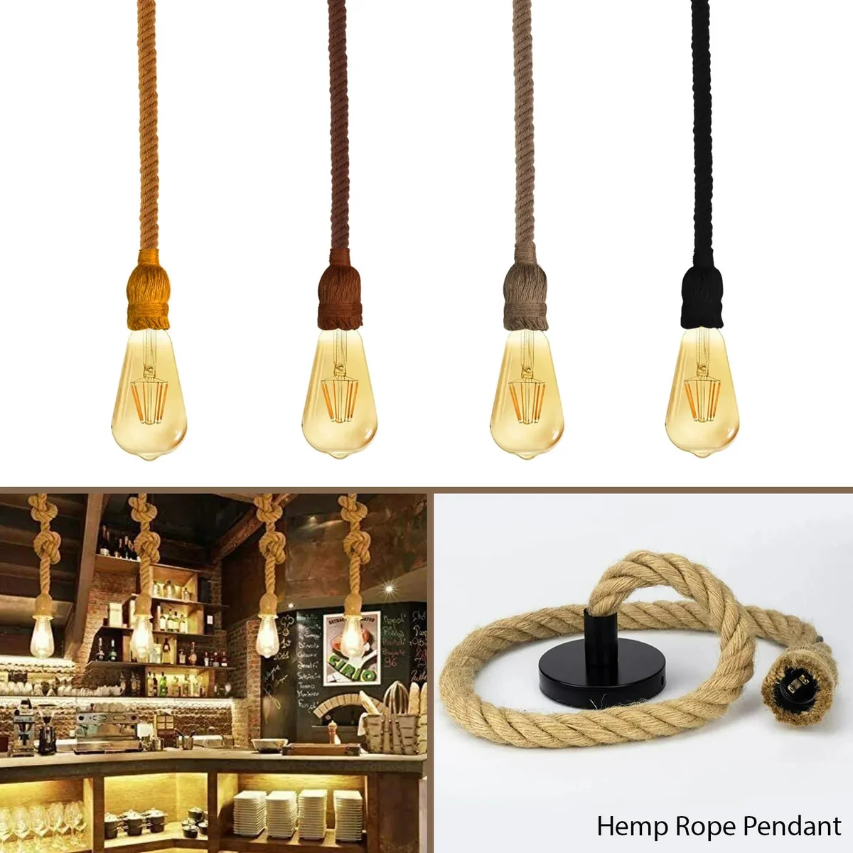 Yellow vintage hemp rope pendant light with E27 bulb holder hanging from ceiling rose in country industrial style