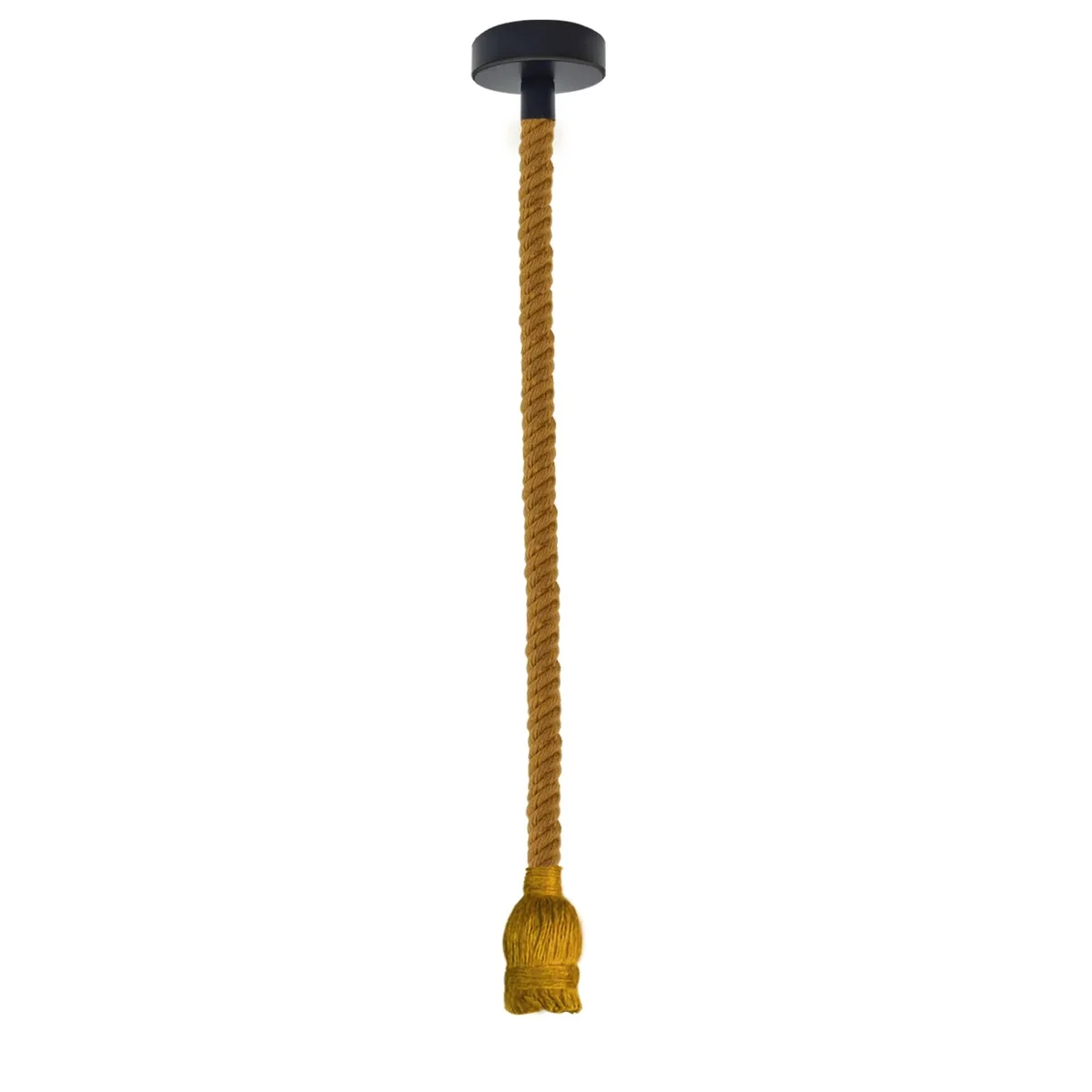 Yellow hemp rope light pendant with E27 socket hanging from ceiling in vintage country style design