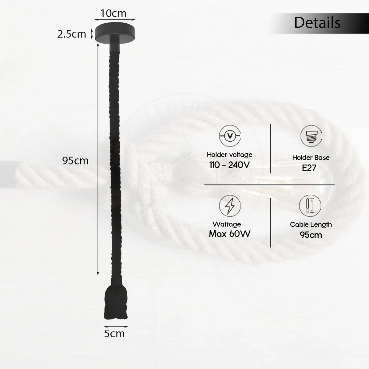 Brown vintage hemp rope pendant light with single E27 bulb holder hanging from ceiling rose