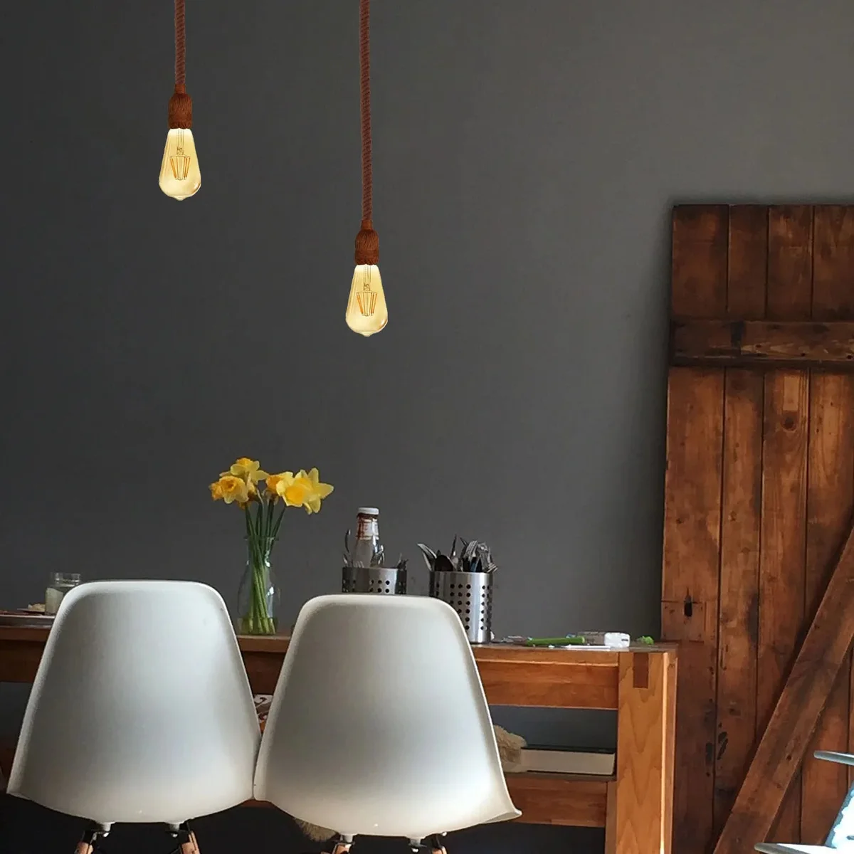 Brown vintage hemp rope E27 pendant light fitting with ceiling rose, country style hanging lamp, 1m length rope