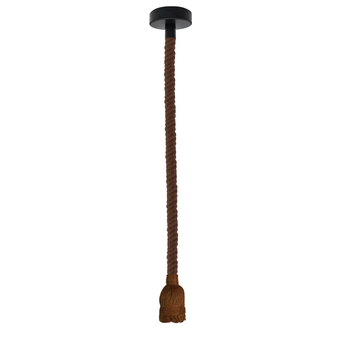 Rustic hanging ceiling light with brown hemp rope and metal holder in vintage country style against white background