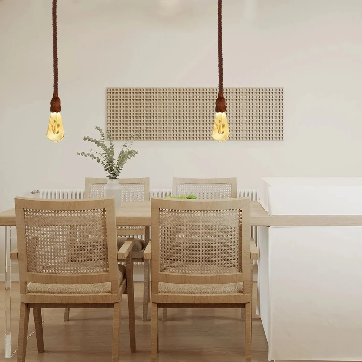 Brown vintage hemp rope LED ceiling pendant lamp with E27 base hanging from ceiling in rustic style room setting