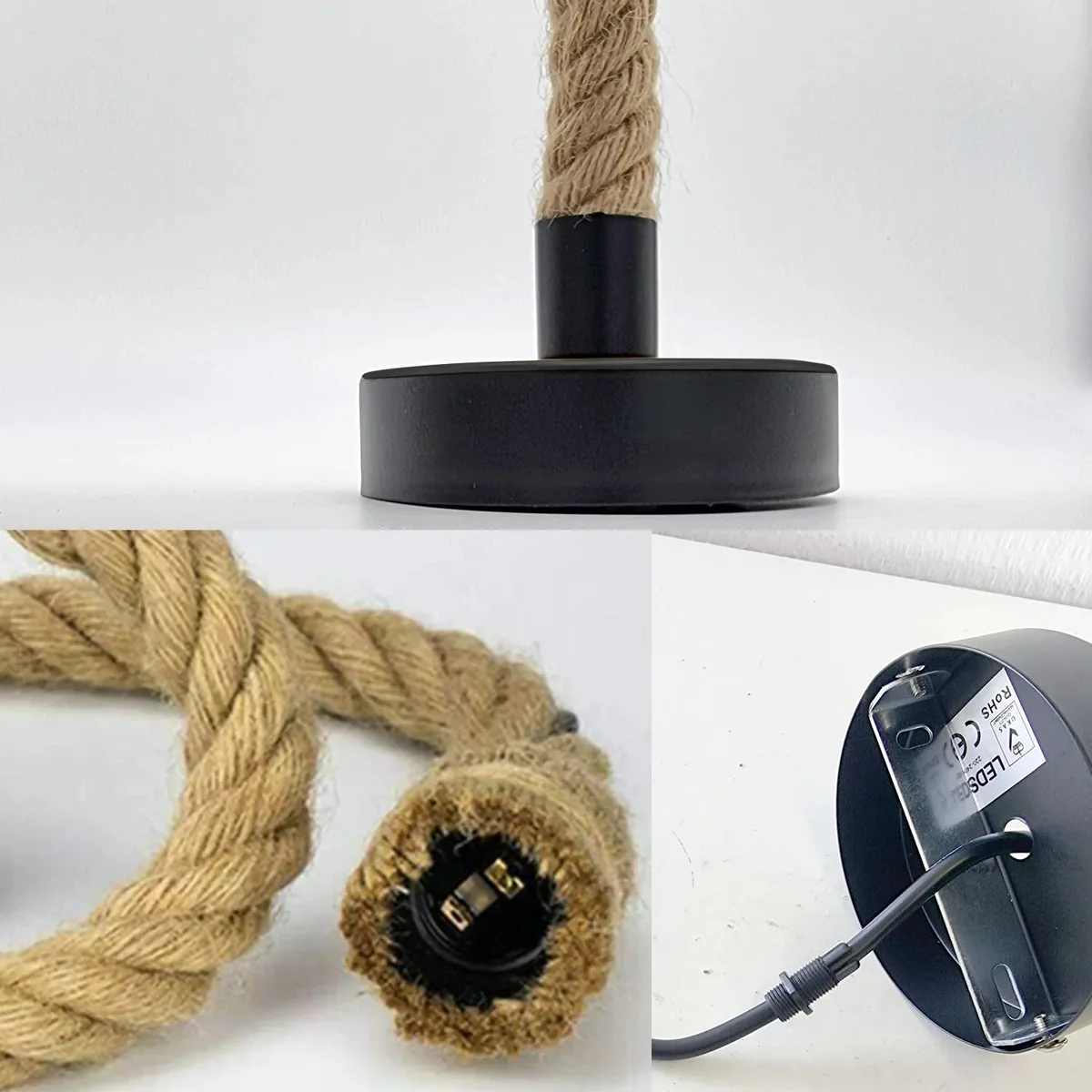 Vintage ceiling pendant light with brown hemp rope and metal holder hanging against a white background