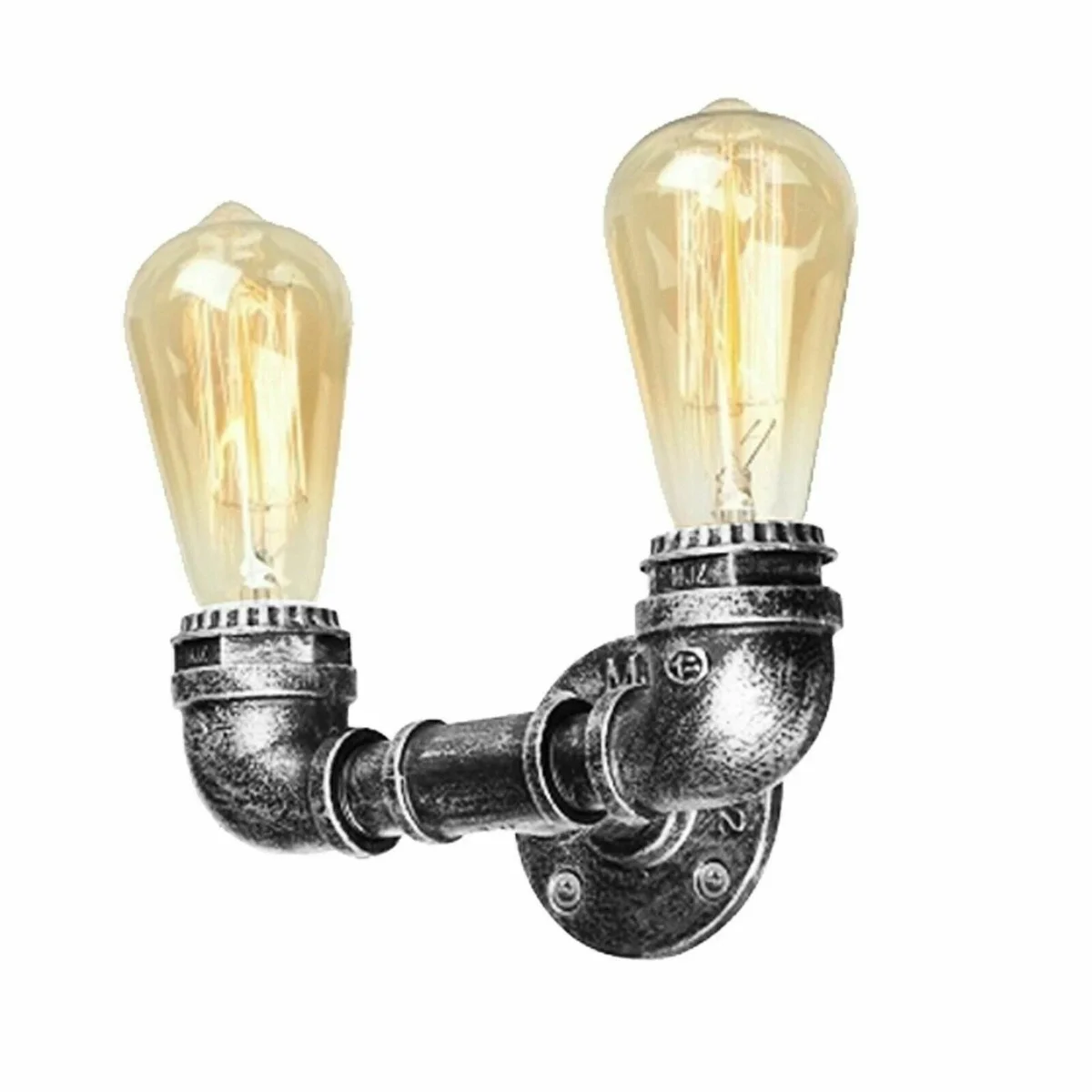 Brushed silver vintage industrial wall light with double metal pipe design and adjustable E27 bulb holders on wall mount