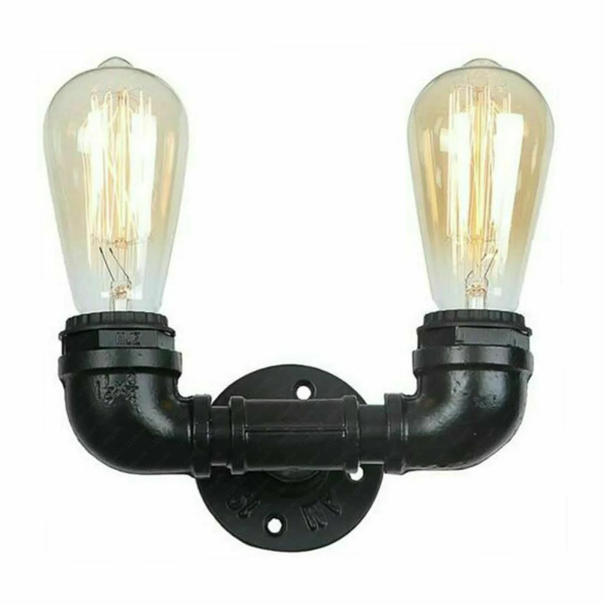 Black steampunk metal wall light featuring a double‑head waterpipe design, rugged vintage industrial style.