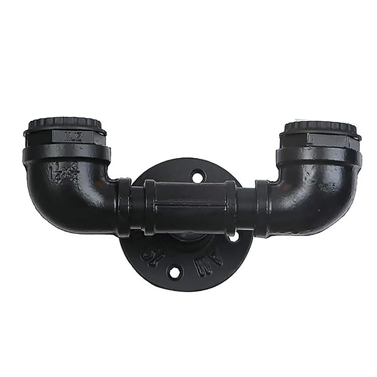 Black wall lamp with twin metal water‑pipe heads, steampunk style, mounted on wall, giving adjustable directional lighting.