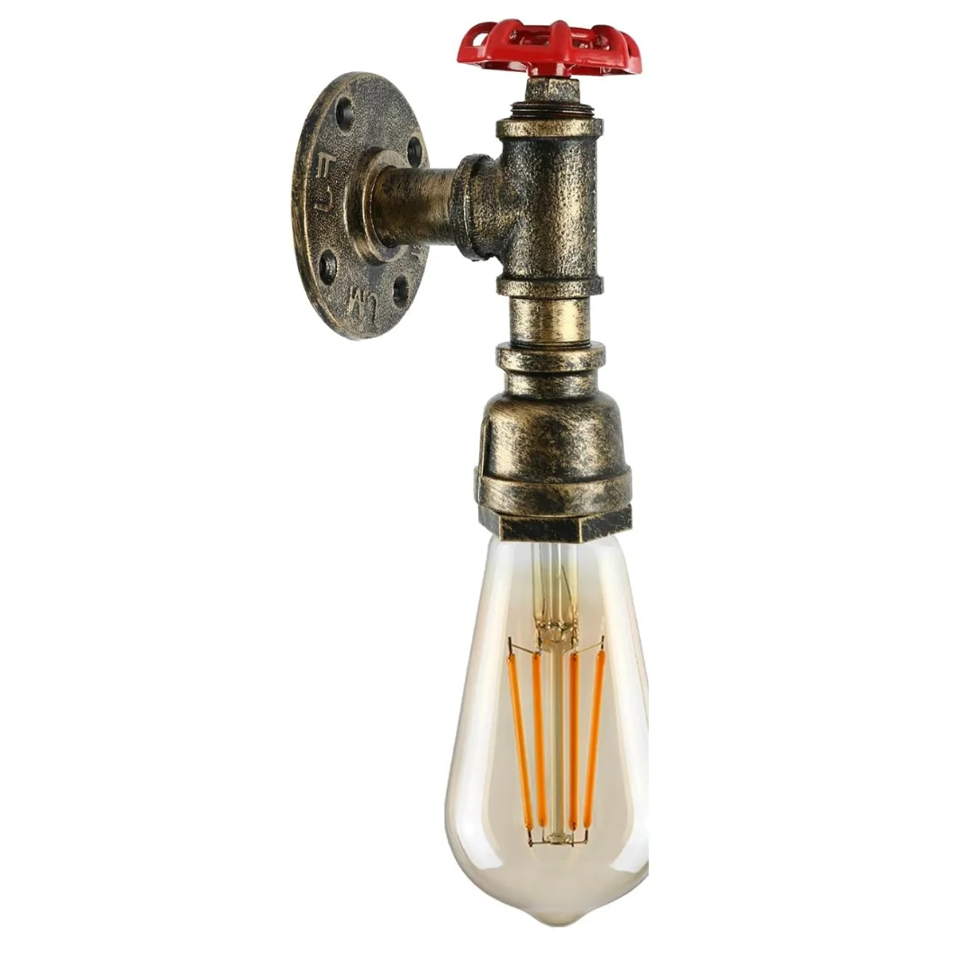 Brushed copper vintage wall sconce with metal water pipe design and decorative wheel, suitable for industrial retro decor