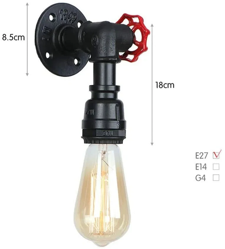 Black metal water pipe wall lamp, industrial wall lamp with retro style, mounted on wall