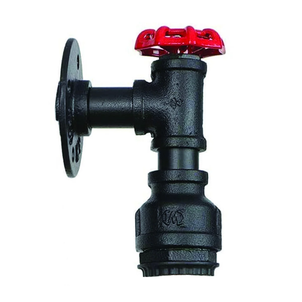 Vintage black metal water‑pipe wall sconce with wheel, fits E27 bulb, industrial steampunk design.