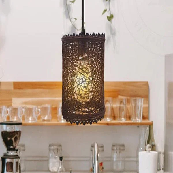 Brown rattan pendant light with metal frame and 95cm black cable, suitable for E27 bulbs in lounge or kitchen