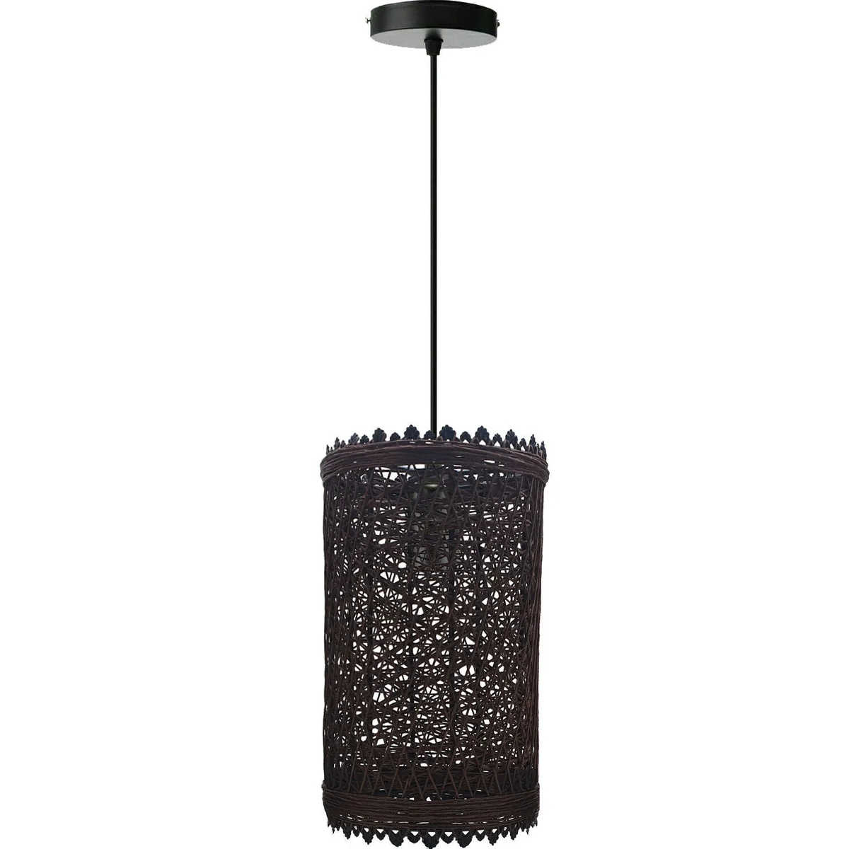 Brown rattan pendant light shade with metal frame and 95cm black cable, suitable for E27 bulbs in lounge or kitchen