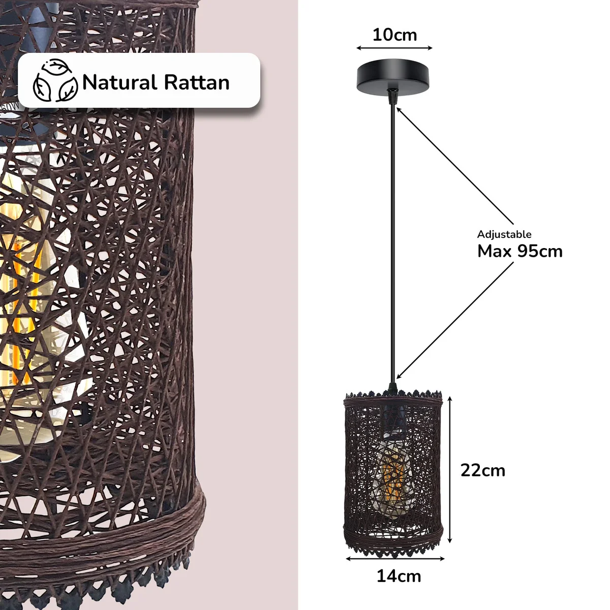 Brown rattan E27 pendant lamp shade with metal frame and 95cm PVC cable for lounge or kitchen lighting