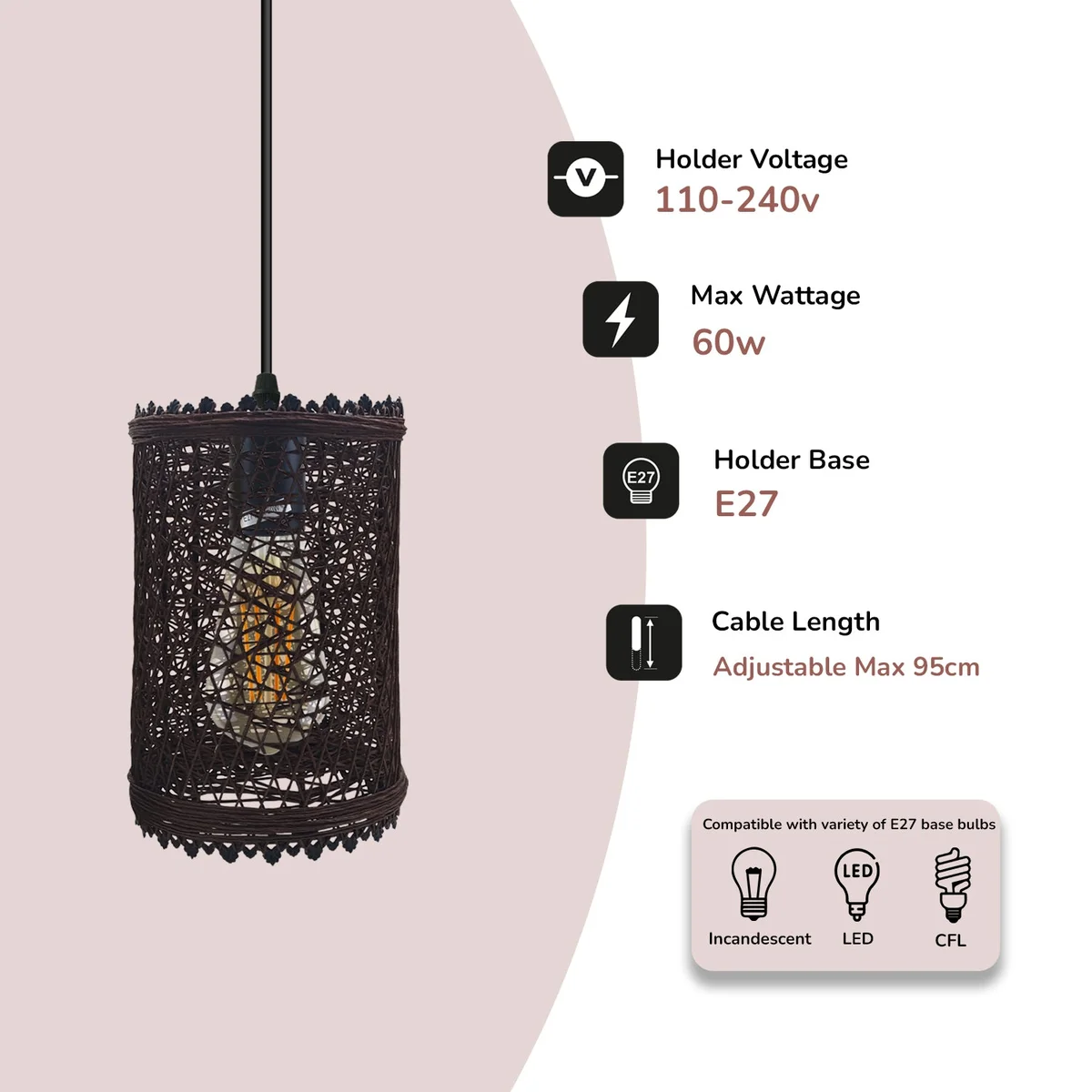 Brown black pendant shade made of rattan and metal with 95cm cable for E27 bulb, suitable for lounge or kitchen lighting