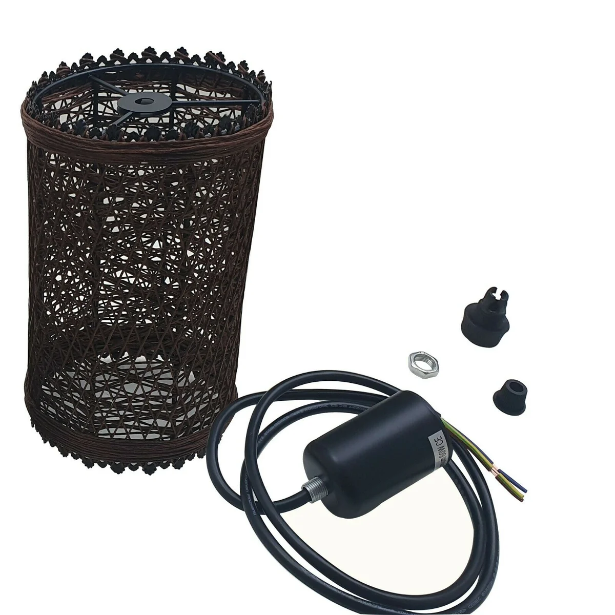 Brown rattan pendant light with metal frame and 95cm PVC cable, suitable for E27 bulbs, vintage 1960 style