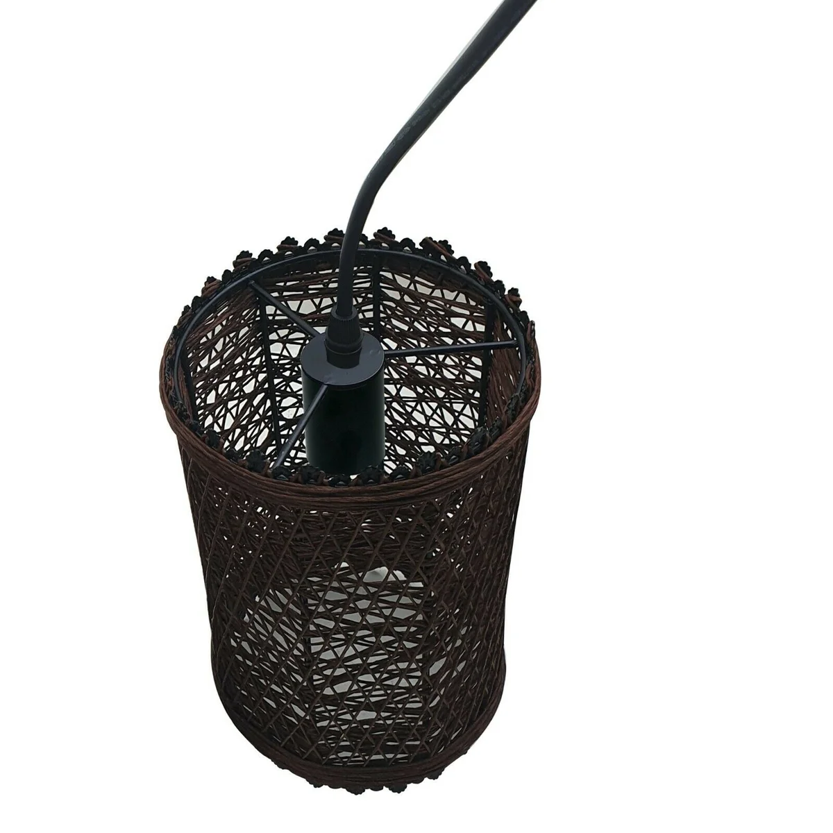 Brown rattan pendant light with metal frame and 95cm PVC cable, designed for E27 bulbs, shown hanging in room setting