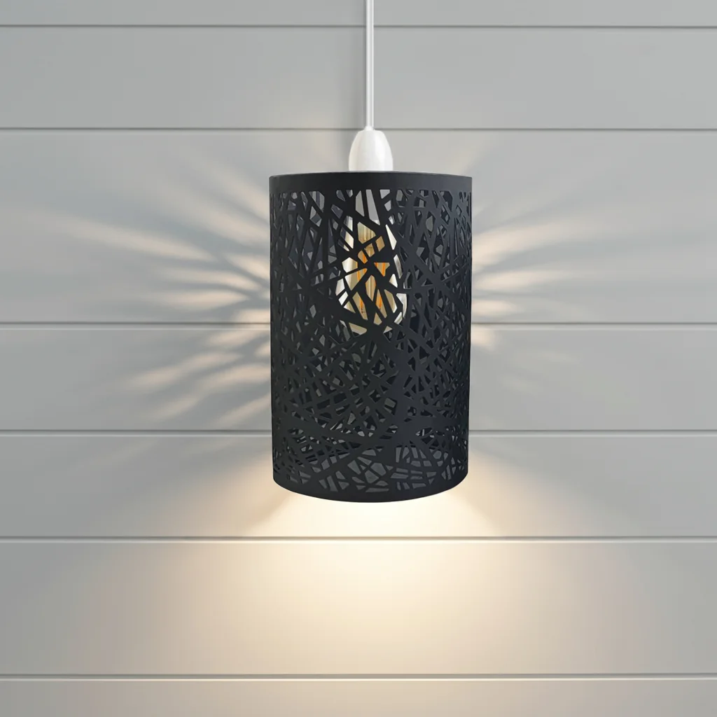 Black metal ceiling lampshade with industrial drum wire cage design, matte black finish, 25cm height, easy fit installation