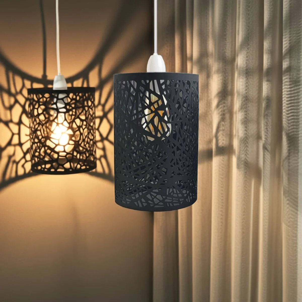 Black industrial drum lampshade with open wire metal cage design, matte finish, easy fit for ceiling light sockets