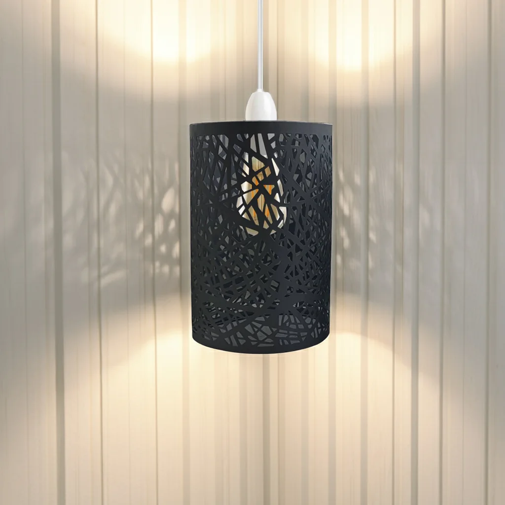 Black industrial drum metal wire cage easy fit ceiling shade with open wire design and matte black finish hanging indoors