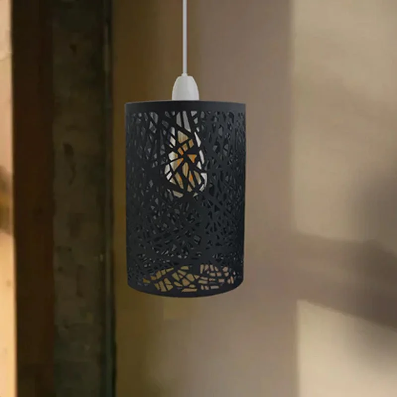 Matte black pendant shade with industrial drum wire cage design, easy fit ceiling lampshade, 25cm height, 15cm width