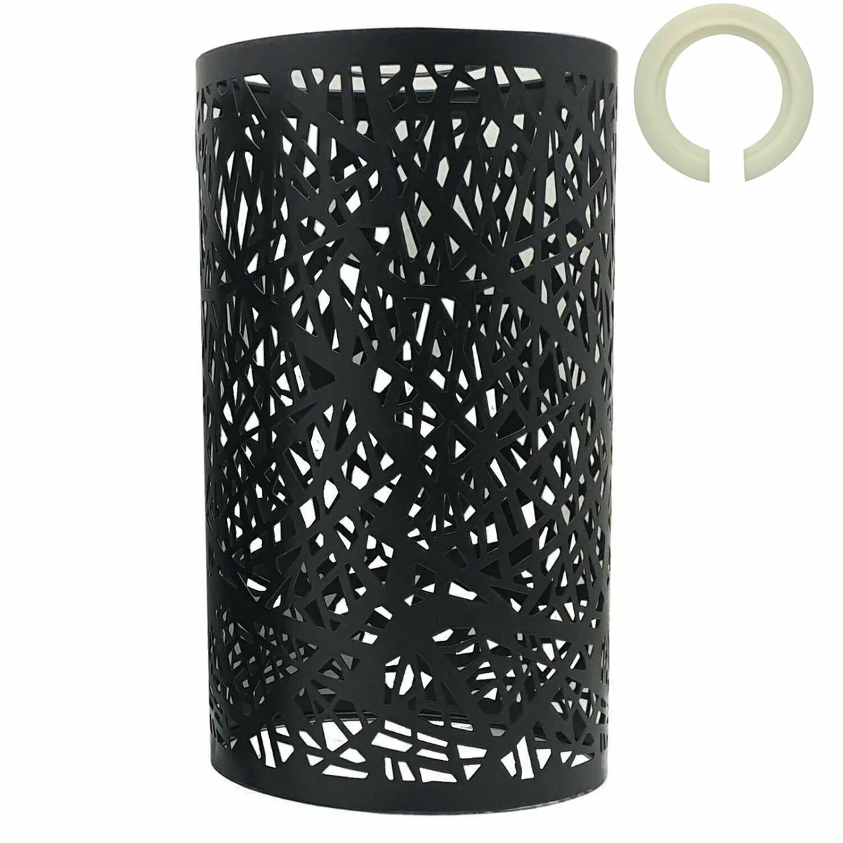 Black metal ceiling lampshade with industrial drum wire cage design, matte black finish, shown from side angle