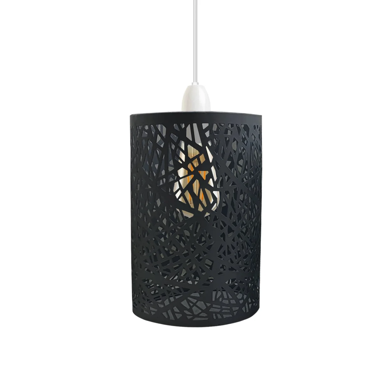 Black metal ceiling lampshade with industrial drum wire cage design, matte finish, shown hanging indoors without bulb.