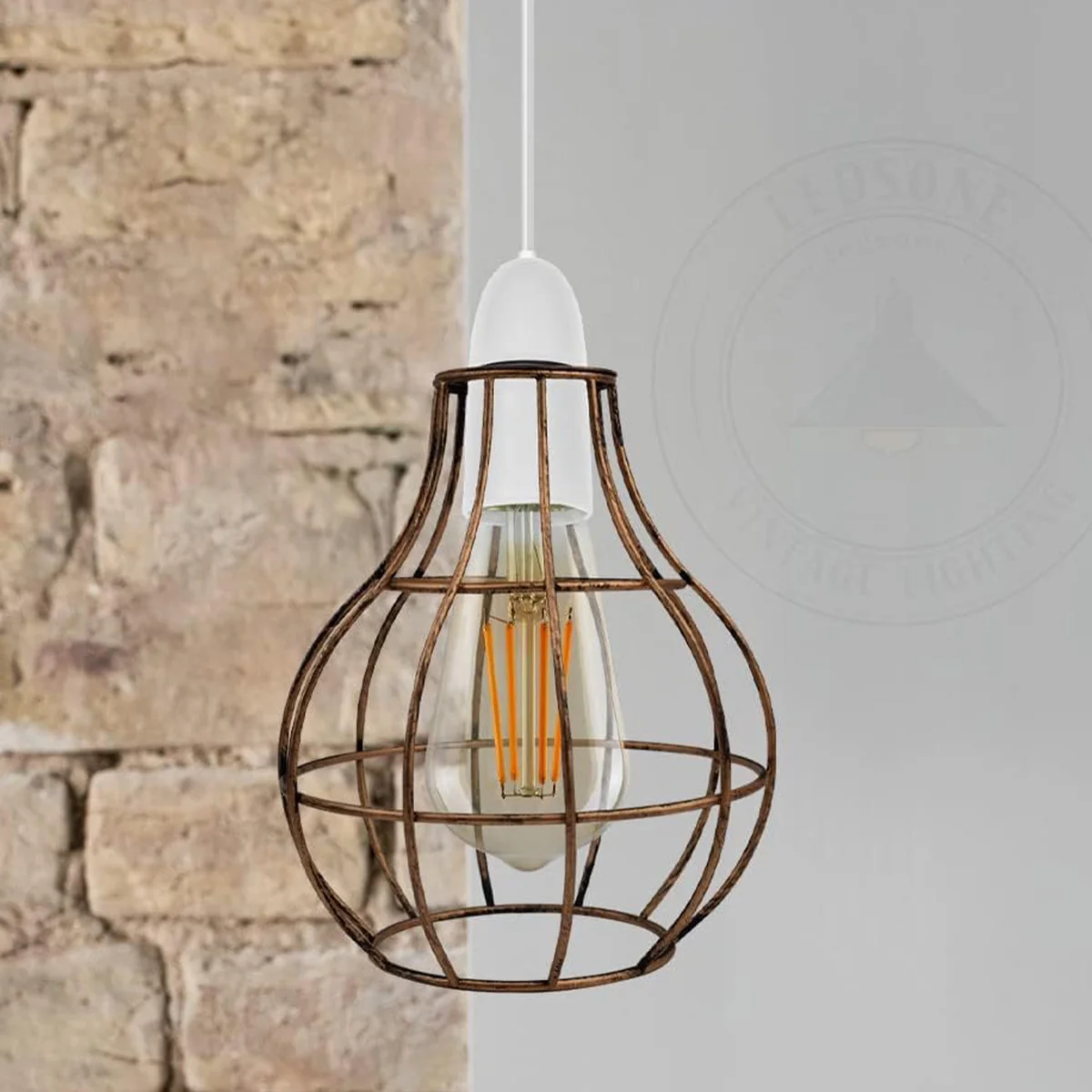 Brushed copper vase shaped pendant shade with open metal cage design, 16cm wide and 20cm high, modern industrial style