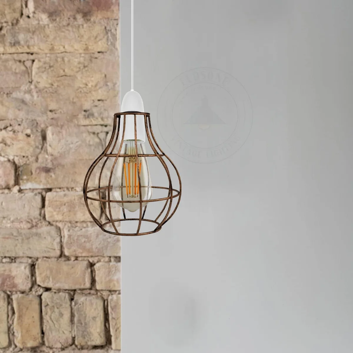 Brushed copper metal cage pendant lampshade with open vase design, 16cm wide and 20cm high, easy-fit ceiling mount