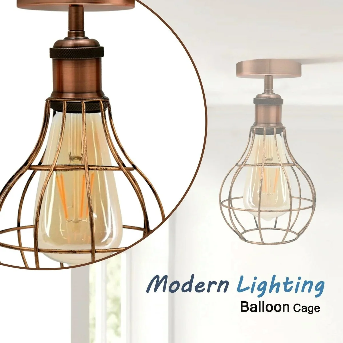 Modern industrial metal cage pendant lampshade in brushed copper with open vase design, 20cm high, easy-fit ceiling lamp accessory