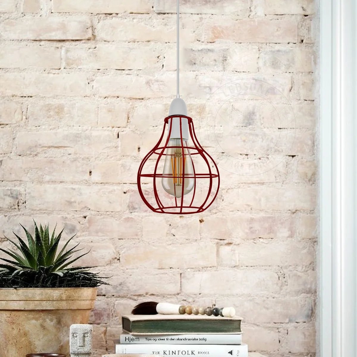 Red wire cage vase pendant lamp shade in industrial style made of iron, suitable for home or cafe decor