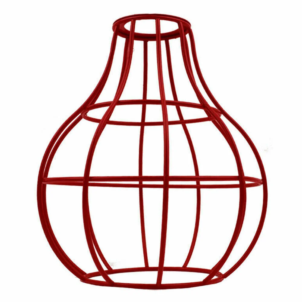 Red industrial wire cage vase shaped like a rustic iron pendant lamp shade without bulb or pendant included